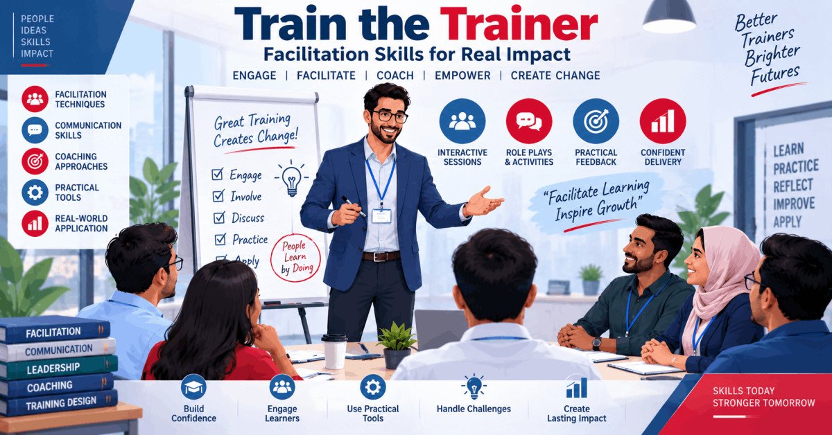 Trainer delivering a workshop with engaged participants, showcasing train the trainer facilitation skills