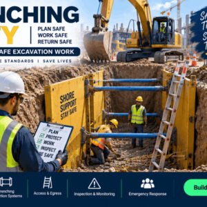 Illustration showing trenching safety, excavation and shoring techniques with workers in PPE on a construction site