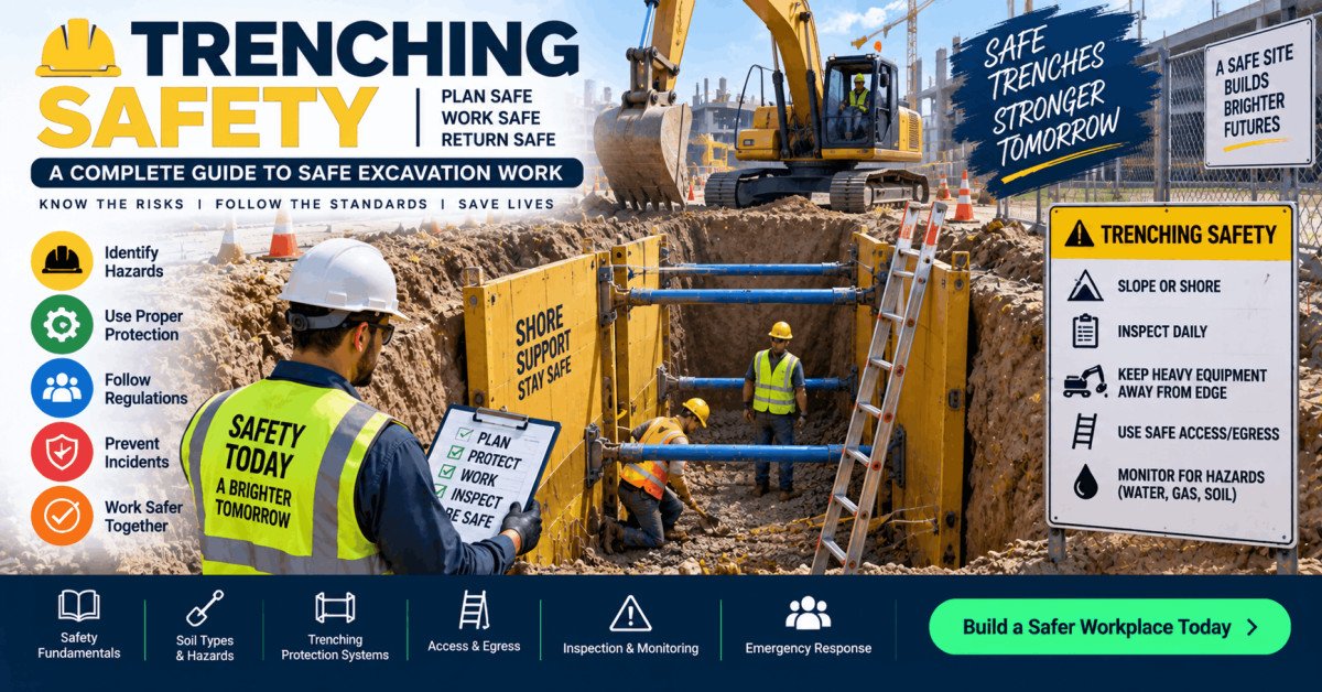 Illustration showing trenching safety, excavation and shoring techniques with workers in PPE on a construction site