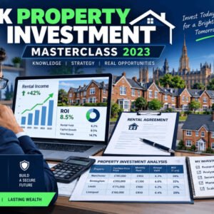 UK property investment masterclass 2023 with charts, houses, and rental profit analysis visuals.