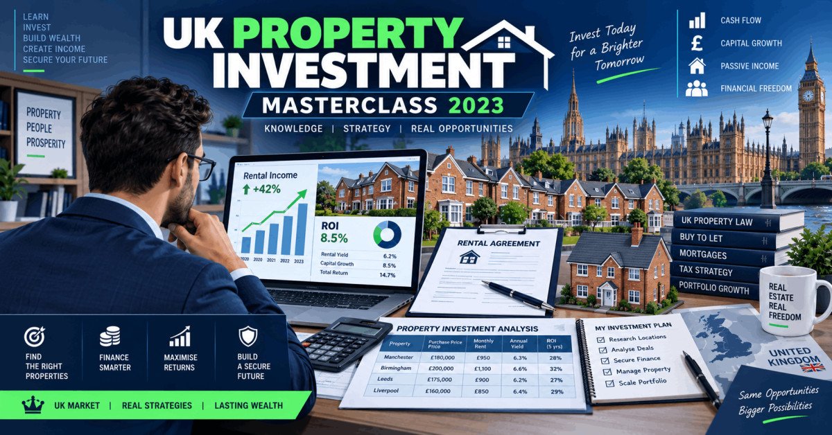 UK property investment masterclass 2023 with charts, houses, and rental profit analysis visuals.