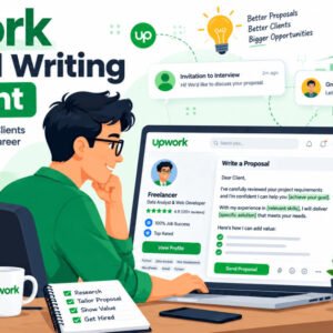 Student learning upwork proposal writing and profile optimization on laptop