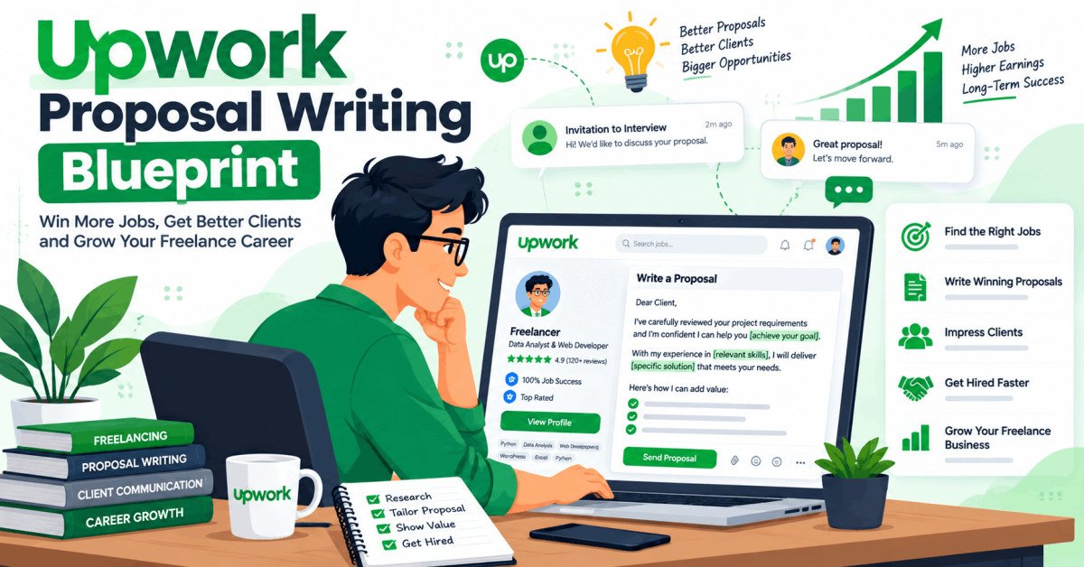 Student learning upwork proposal writing and profile optimization on laptop