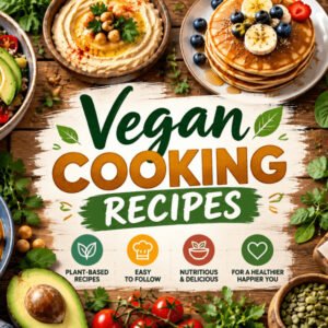 Vegan cooking recipes course cover showing plant-based meals on table.