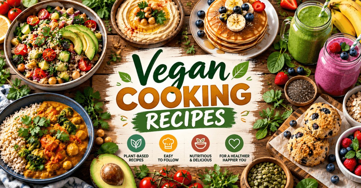 Vegan cooking recipes course cover showing plant-based meals on table.