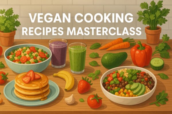 Vegan cooking recipes masterclass with plant-based meals for breakfast, lunch, and dinner.