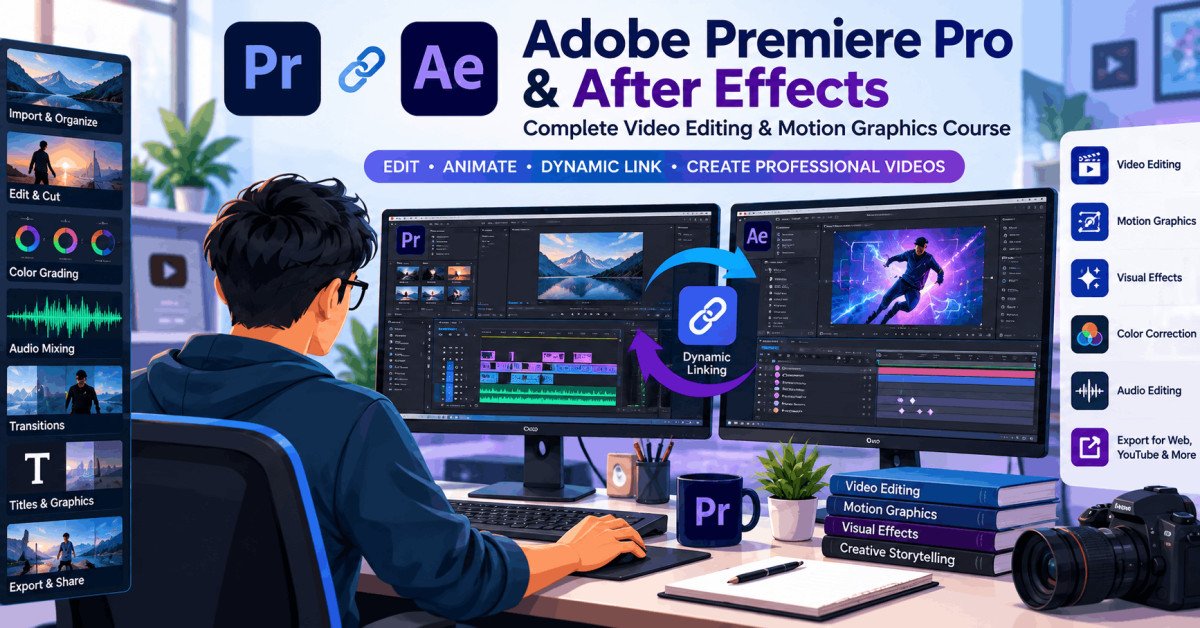 Illustration of video editing workflow showing Premiere Pro and After Effects dynamic linking process on screen.