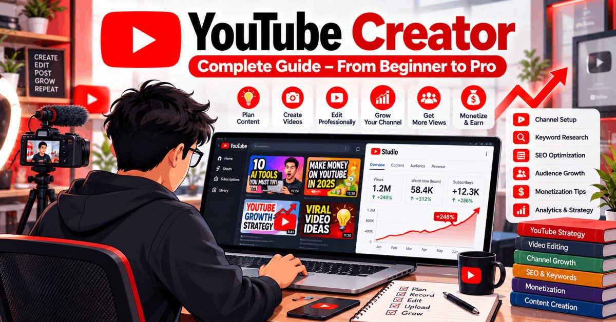 Illustration of viral YouTube videos with analytics growth, engaging thumbnails, and trending content strategies.