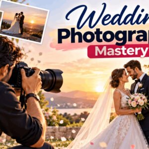 Bride and groom posing with photographer capturing wedding photography mastery creative shot