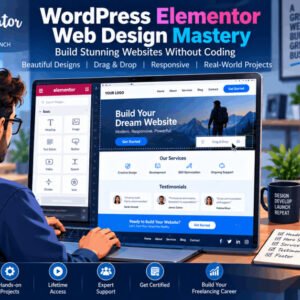 WordPress Elementor web design course cover showing website builder and responsive design elements.