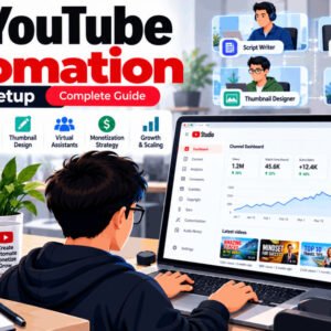 YouTube automation channel setup with laptop, thumbnails, and analytics dashboard