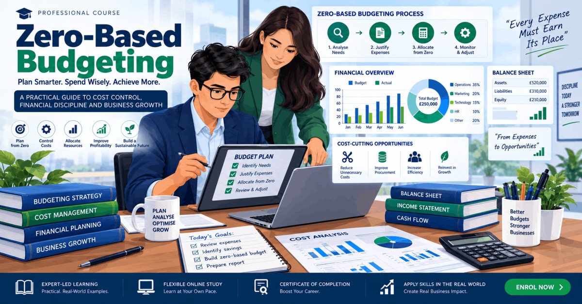 Professional learning zero-based budgeting concepts for modern financial planning, illustrated with charts and reports.