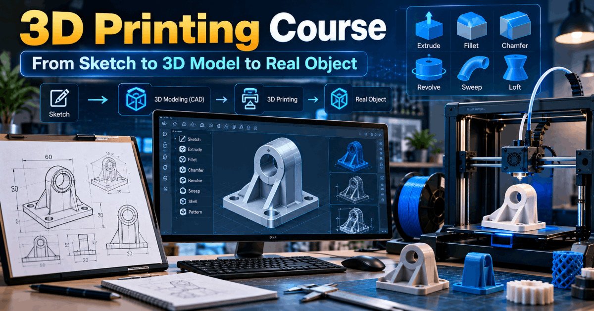 3D Printing Course showing a digital 3D model progressing from CAD sketch and design to a finished printed object.