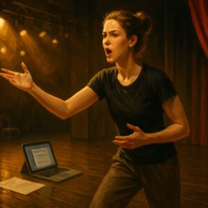UK postgraduate student studying advanced acting diploma techniques on stage.