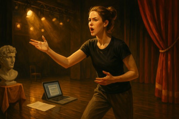 UK postgraduate student studying advanced acting diploma techniques on stage.