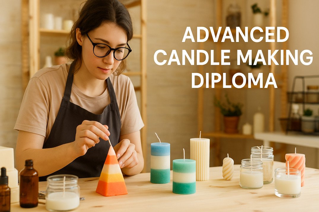 student creating decorative candle in workshop, advanced candle making diploma