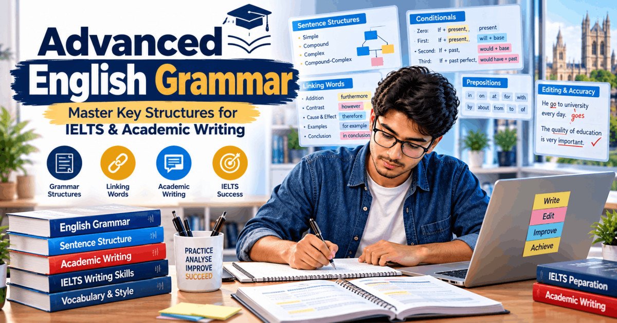 Advanced English Grammar course for mastering sentence structures, linking words and IELTS academic writing skills