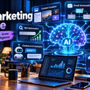 AI Marketing Course showing artificial intelligence tools automating content, email, social media, SEO and analytics.