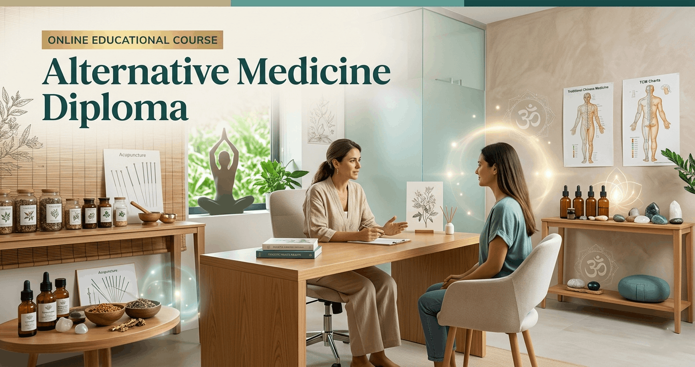 Alternative Medicine Diploma course showing holistic healing therapies, herbal medicine, and wellness practices