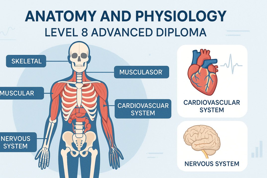 Anatomy and physiology diploma course illustration showing human body systems.