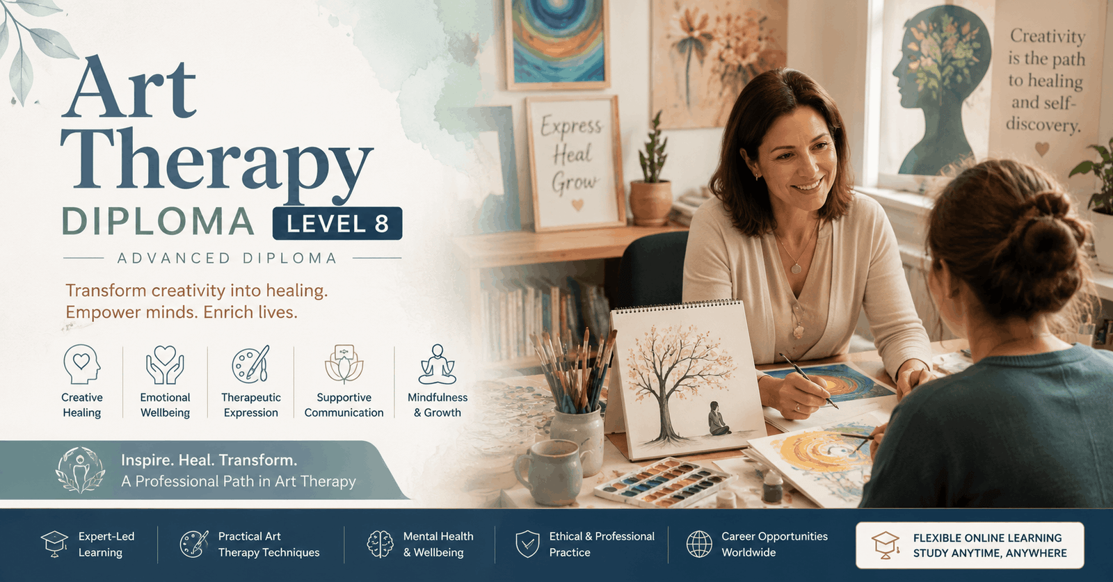 Professional therapist conducting creative healing session in Art Therapy Diploma Level 8 course