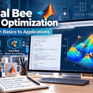 Artificial Bee Colony optimization visualised with MATLAB code, bee search paths and an optimization surface graph.