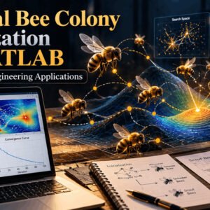 MATLAB workspace illustrating Artificial Bee Colony Optimization with bee-inspired search paths and engineering graphs.