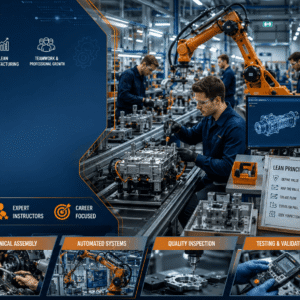 Professional assembly diploma training workshop with automated manufacturing and quality control systems