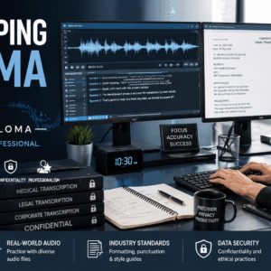 Professional transcription specialist working on Audio Typing Diploma Level 8 training project