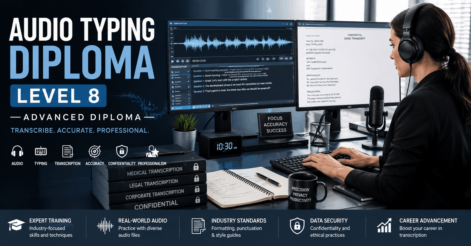 Professional transcription specialist working on Audio Typing Diploma Level 8 training project