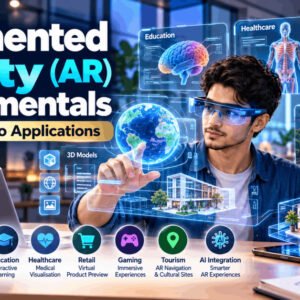 Augmented Reality Fundamentals visual with AR glasses, smartphone and interactive digital objects in a real environment