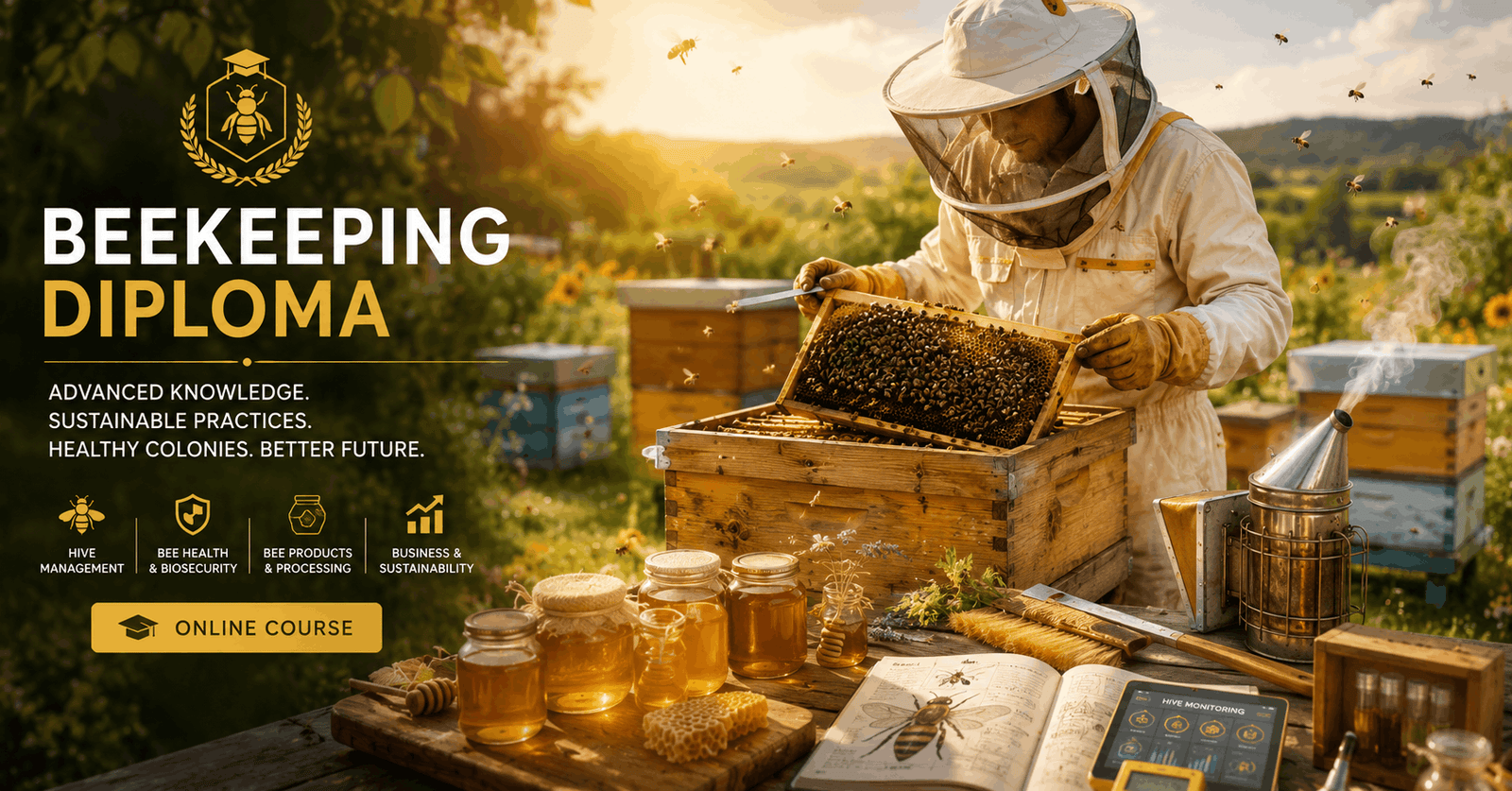 Professional beekeeper inspecting honeybee hives during a Beekeeping Diploma online training course