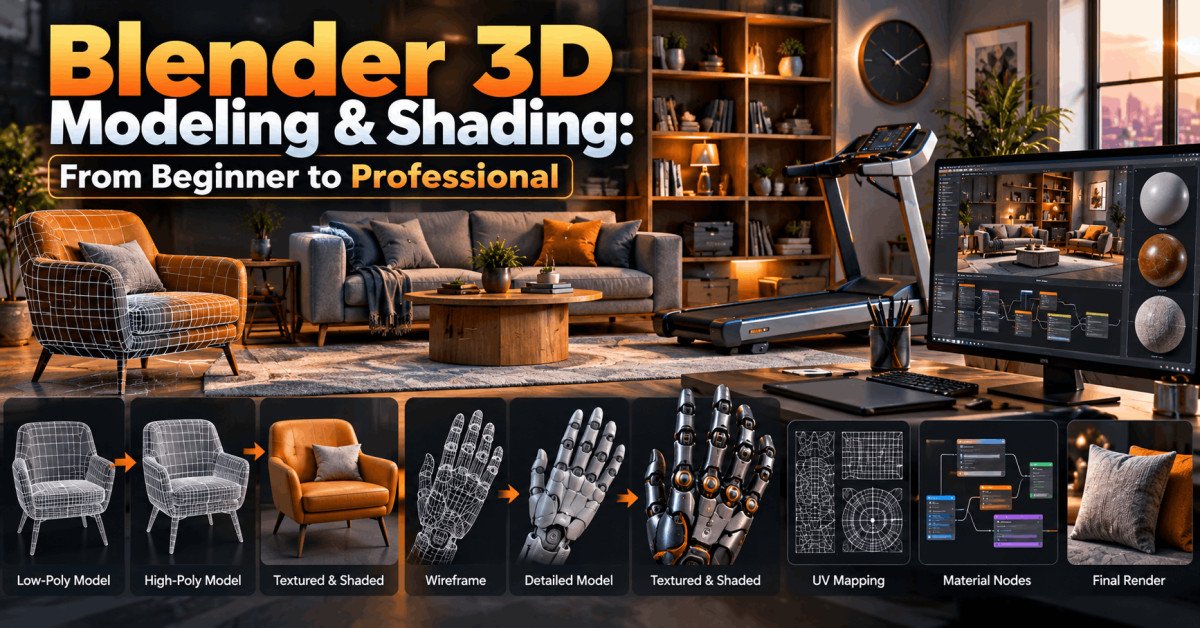 Blender 3D Modeling workspace showing furniture, robot hand, materials, textures and realistic lighting