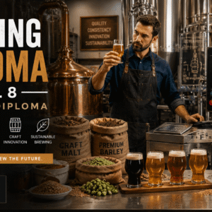 Professional brewer monitoring fermentation tanks in Brewing Diploma Level 8 training brewery