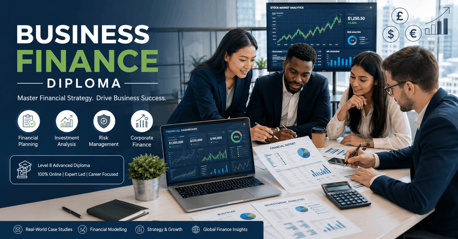 Business finance diploma course with financial charts, budgeting reports, and corporate finance analysis
