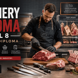 Professional butcher preparing premium meat cuts in Butchery Diploma Level 8 training kitchen