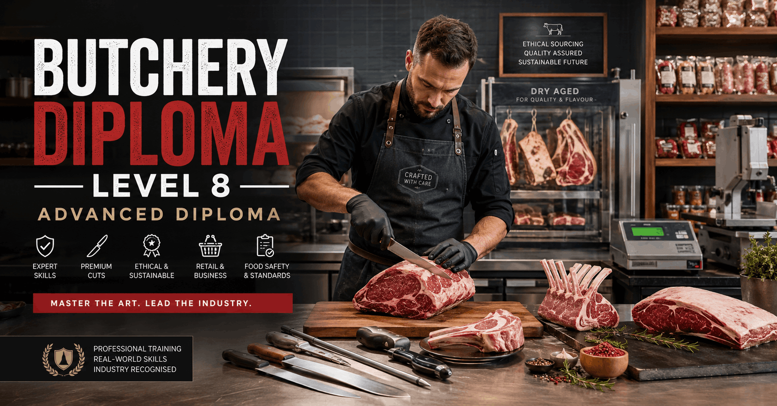 Professional butcher preparing premium meat cuts in Butchery Diploma Level 8 training kitchen