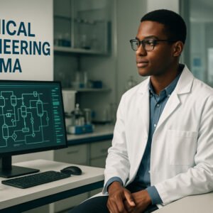 UK postgraduate student in chemical engineering lab with process diagrams and equipment, diploma level 8 study.