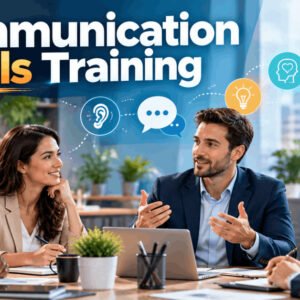 Communication skills training showing professionals practising clear speaking, active listening and confident interaction.