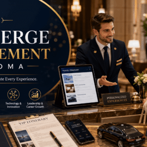 Luxury hospitality professional assisting guests in a Concierge Management Diploma course setting