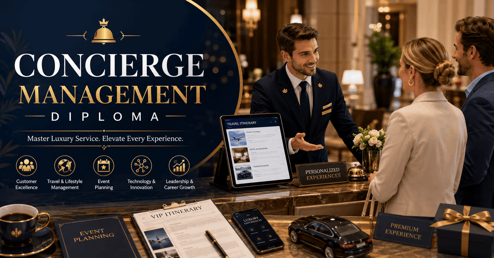 Luxury hospitality professional assisting guests in a Concierge Management Diploma course setting