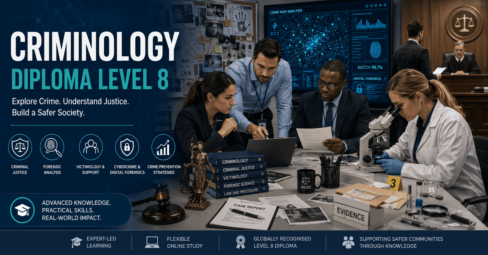 Criminology Diploma Level 8 students studying criminal justice, crime investigation, and forensic analysis