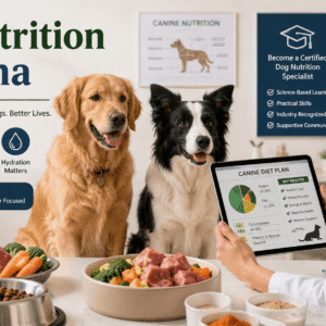 Professional dog nutrition diploma course showing healthy dogs, balanced meals, and canine nutrition planning