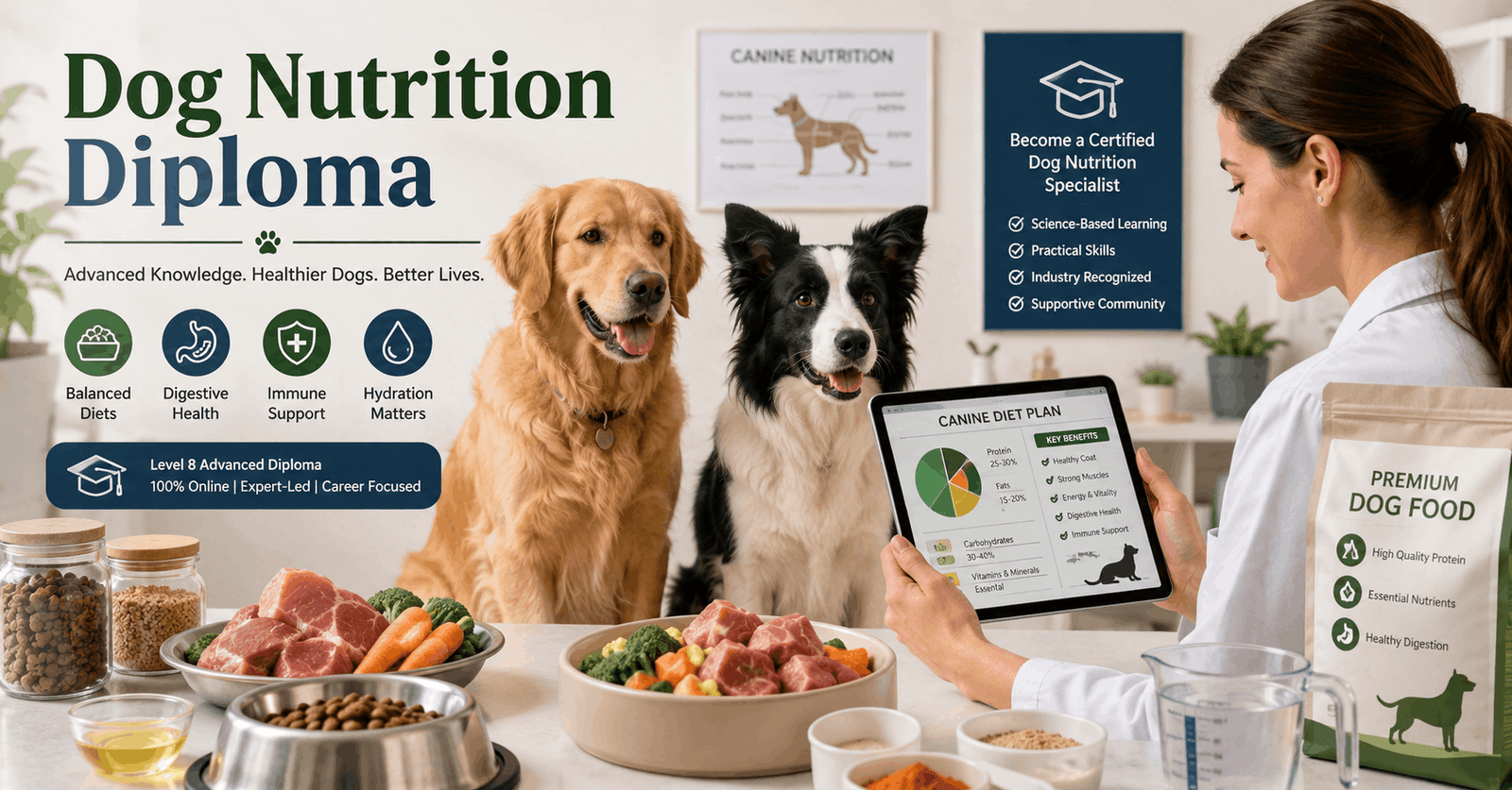 Professional dog nutrition diploma course showing healthy dogs, balanced meals, and canine nutrition planning