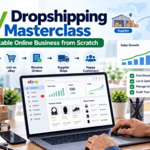 eBay dropshipping seller managing product listings, online orders and sales analytics from a laptop.