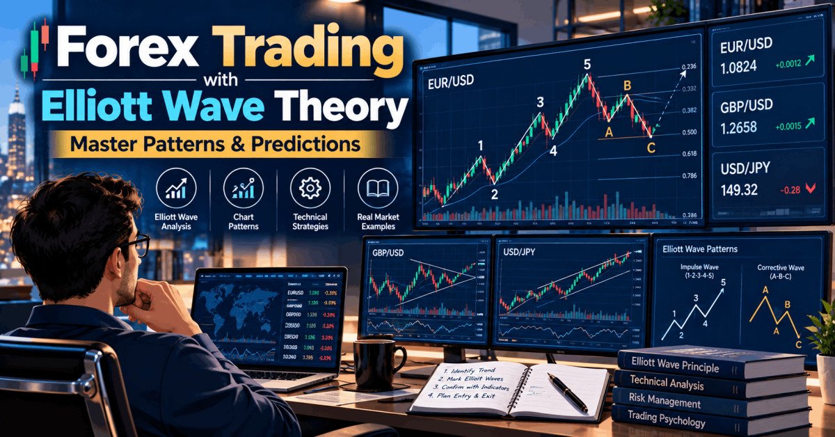 Elliott Wave Trading chart showing forex price waves, technical patterns and market analysis on a trading screen