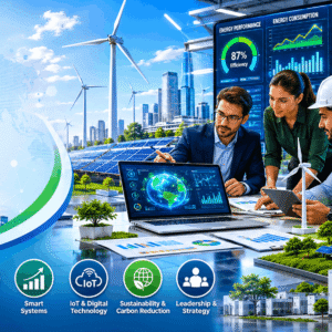 Professionals analysing smart energy systems in an Energy Management Diploma online course environment
