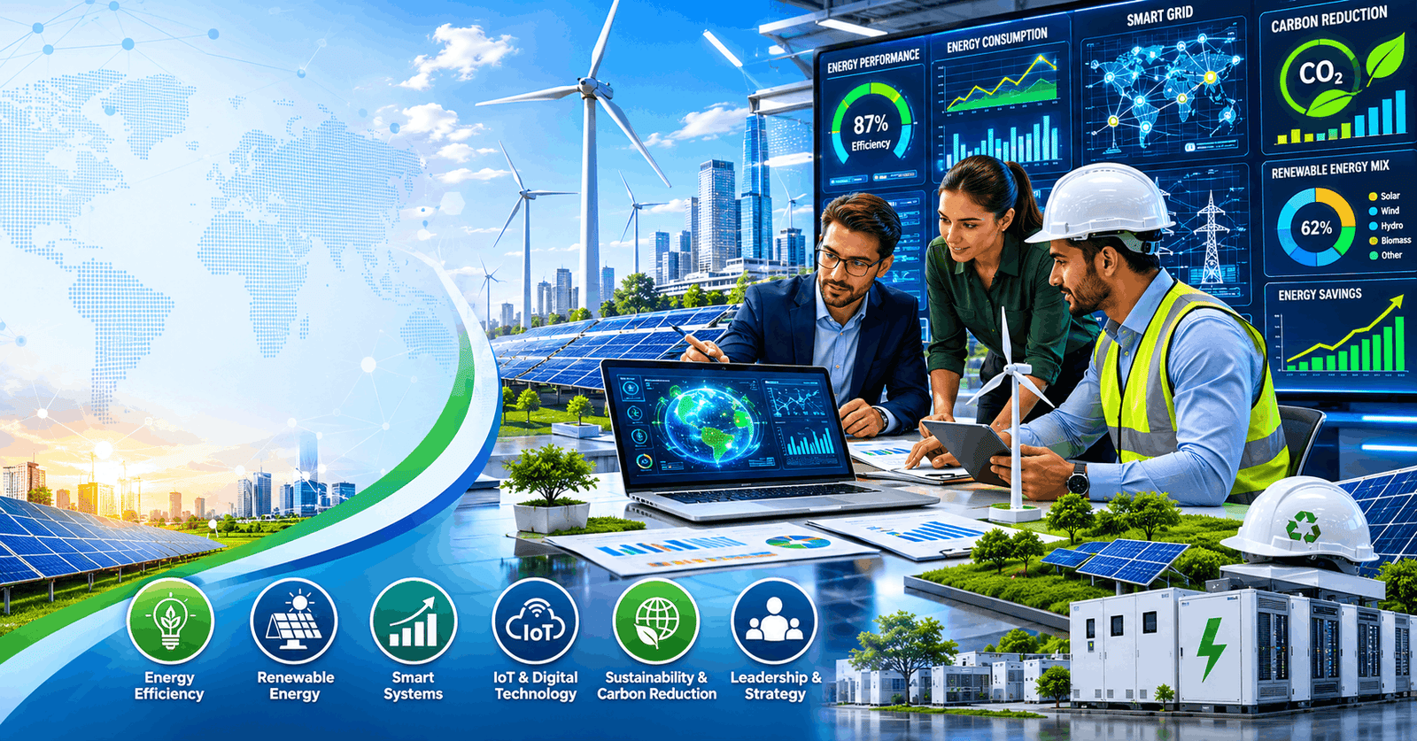 Professionals analysing smart energy systems in an Energy Management Diploma online course environment