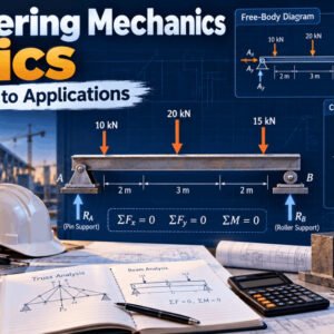 Engineering Mechanics Statics diagram showing forces, beam reactions, equilibrium, moments and friction concepts
