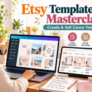 Etsy Canva templates being designed on a laptop for a digital product shop with mockups and online listings.